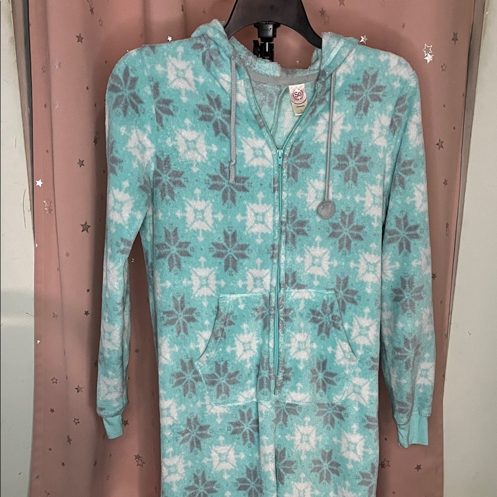 Aqua Snowflake Print Hooded Onesie